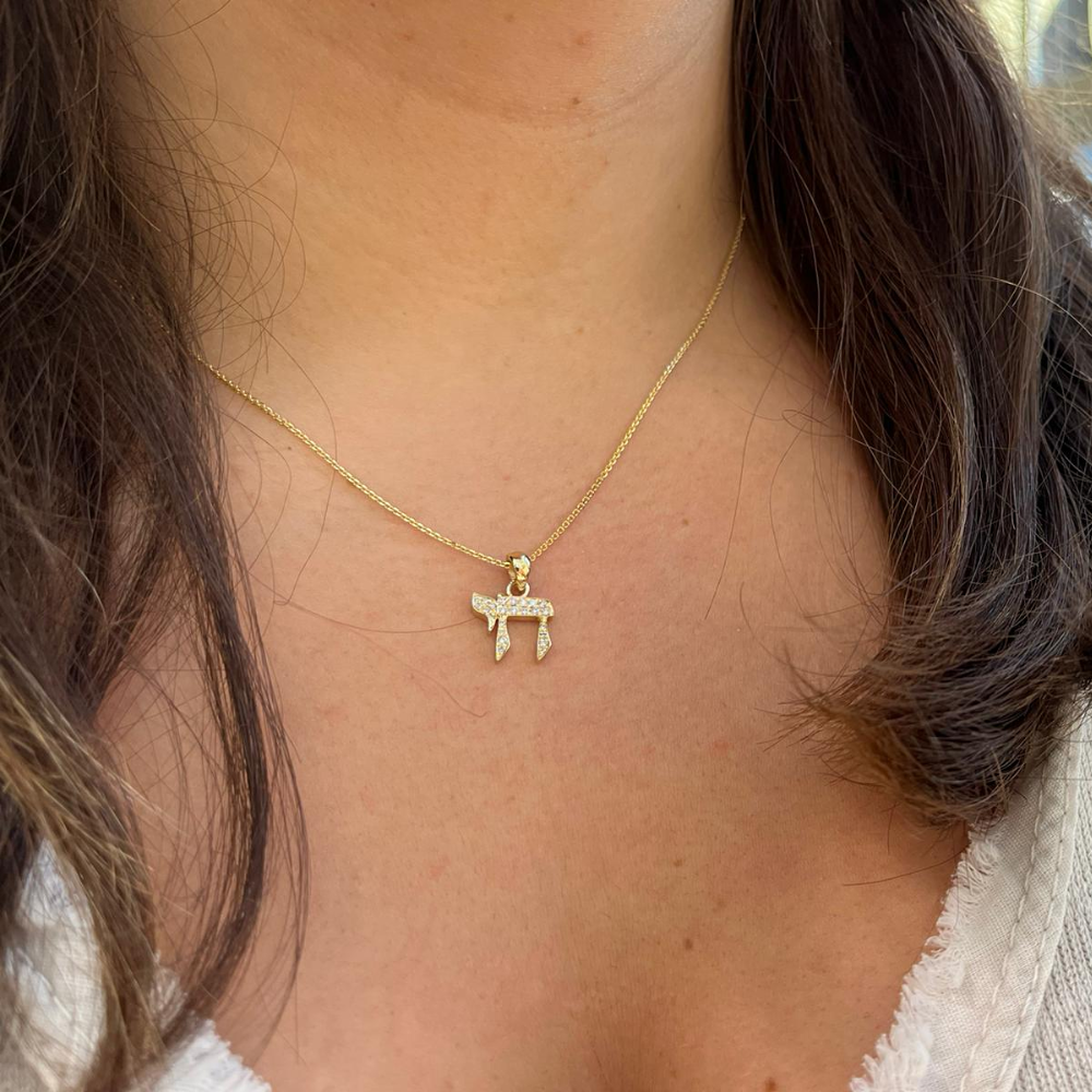 14K Gold Thick Diamond Chai Pendant
