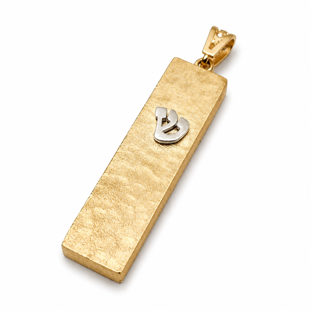 Mezuzah Pendant with Shin in 14k Gold