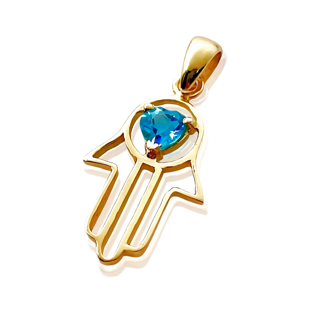 Heart Shaped Blue Topaz Hamsa Pendant - 14k Gold