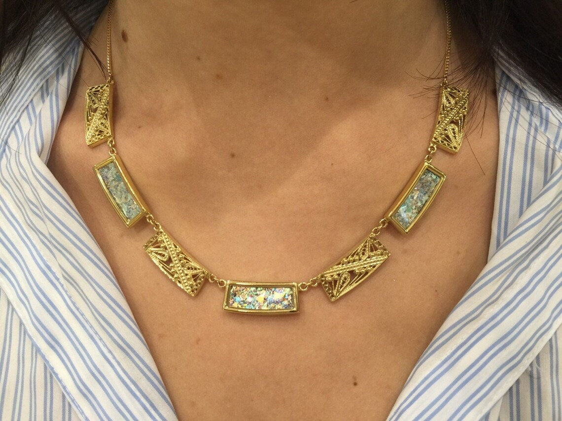 14k Gold Roman Glass Filigree Necklace