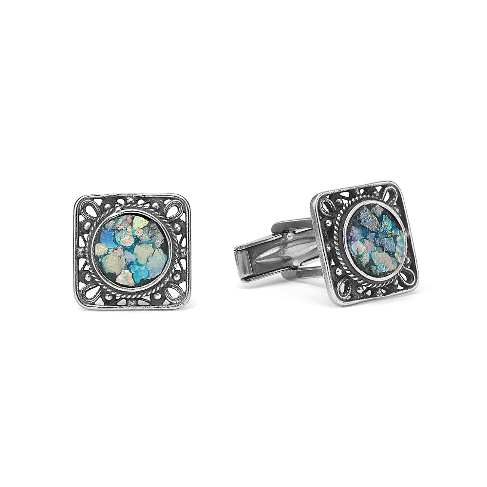 Israeli Roman Glass Sterling Silver Square Cufflinks