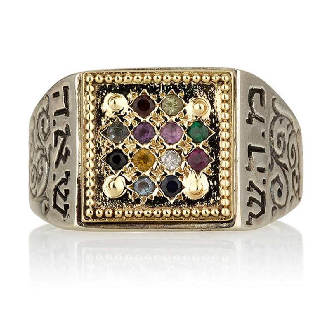 14K Yellow Gold and Silver Kabbalah Ring with 12 Hoshen Gems