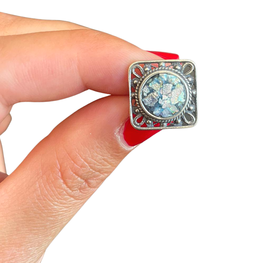 Israeli Roman Glass Sterling Silver Square Cufflinks