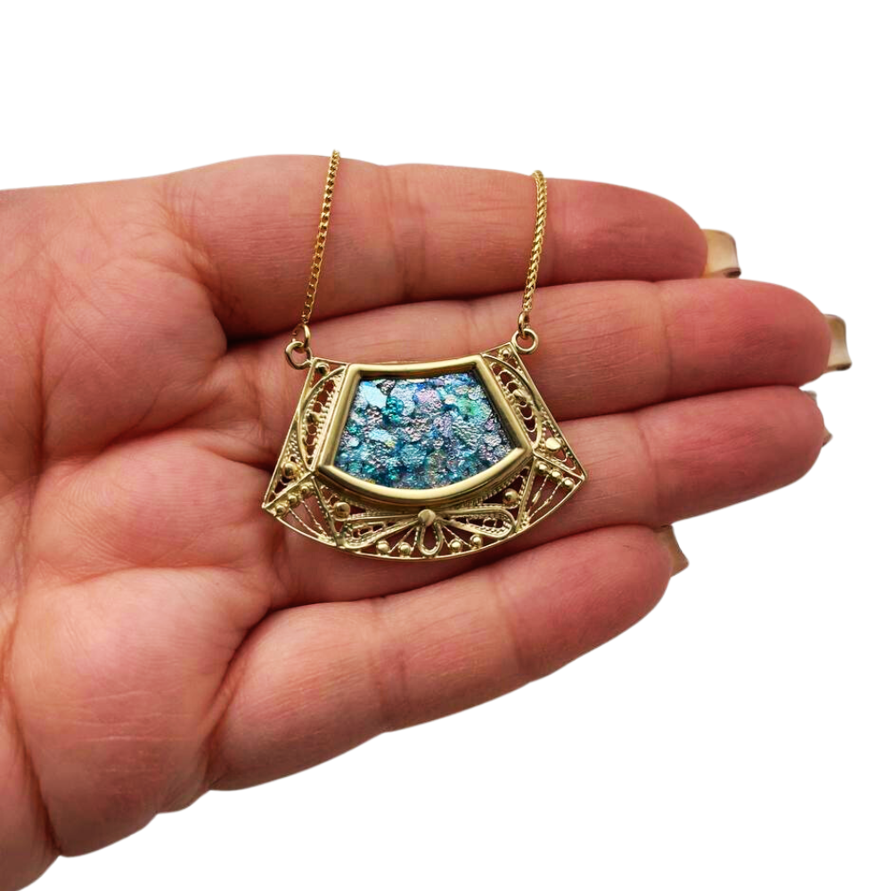 14k Roman Glass Trapezoid Gold Filigree Necklace