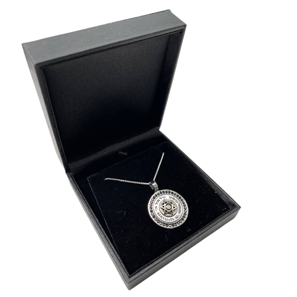 Star of David and Shema Israel Silver and Gold Onyx Necklace