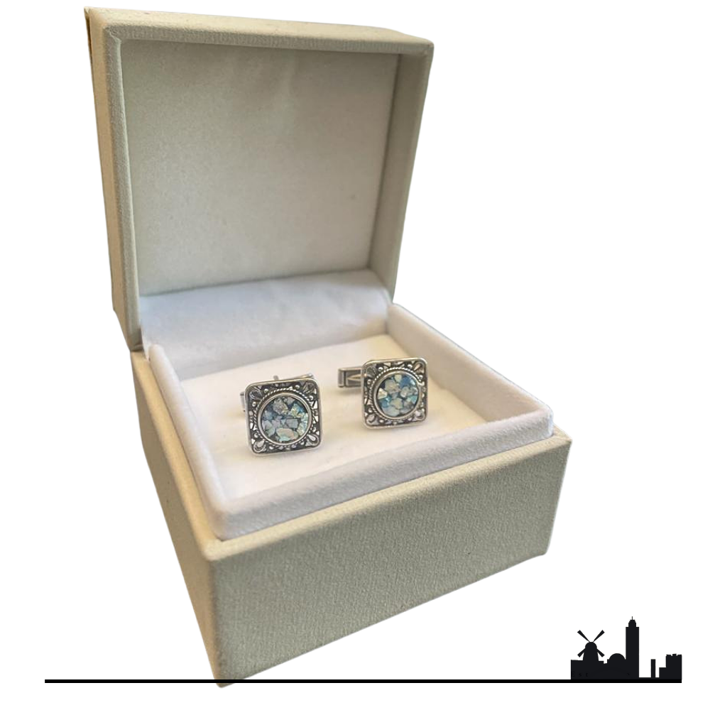 Israeli Roman Glass Sterling Silver Square Cufflinks