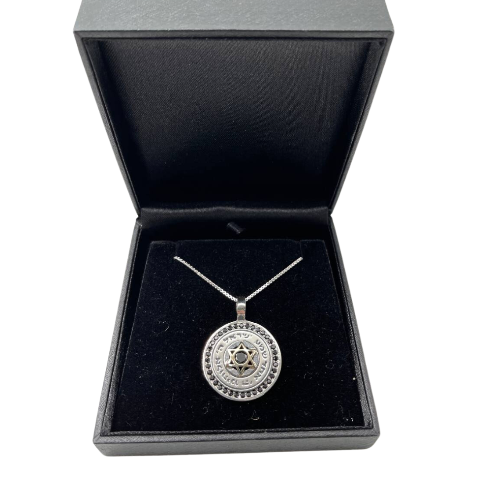 Star of David and Shema Israel Silver and Gold Onyx Necklace