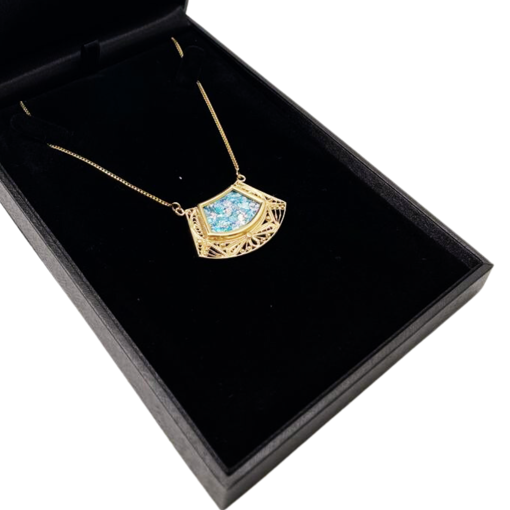 14k Roman Glass Trapezoid Gold Filigree Necklace