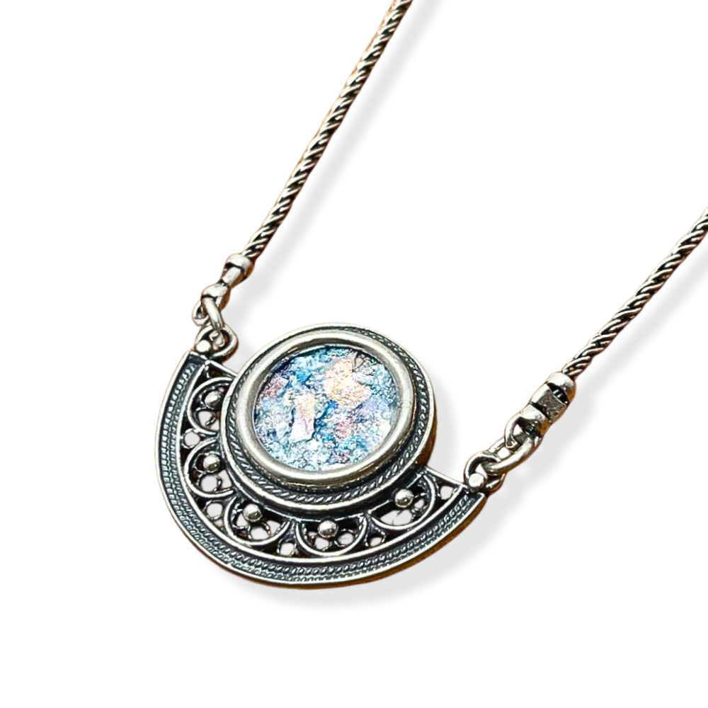 Sterling Silver Semi Circle Filigree Roman Glass Necklace