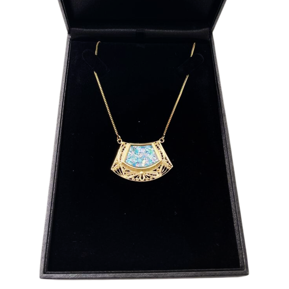 14k Roman Glass Trapezoid Gold Filigree Necklace