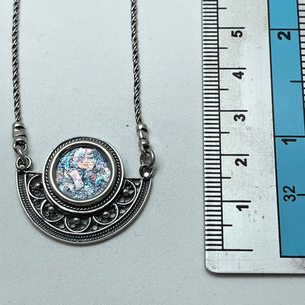 Sterling Silver Semi Circle Filigree Roman Glass Necklace