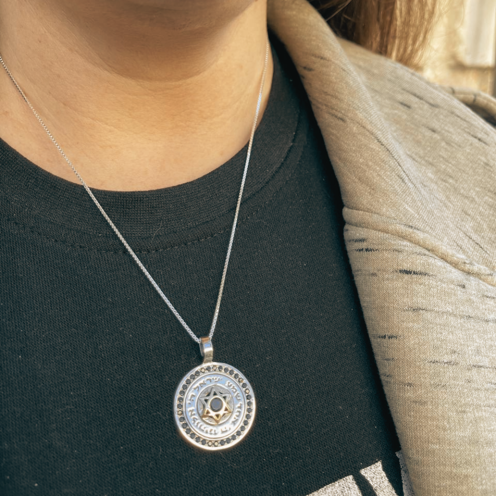 Star of David and Shema Israel Silver and Gold Onyx Necklace