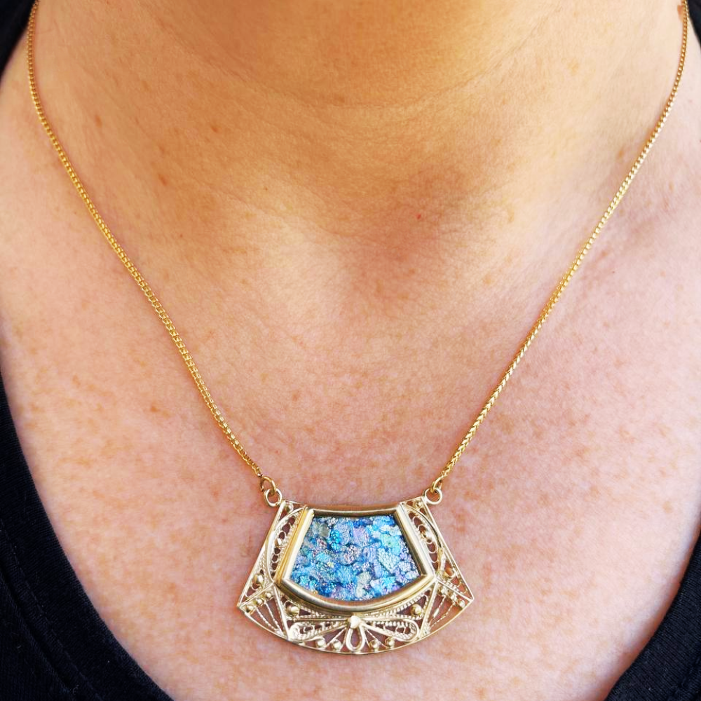 14k Roman Glass Trapezoid Gold Filigree Necklace