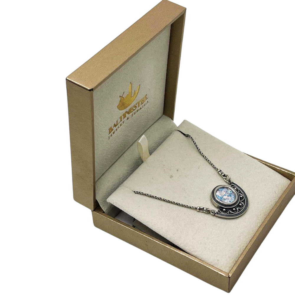 Sterling Silver Semi Circle Filigree Roman Glass Necklace