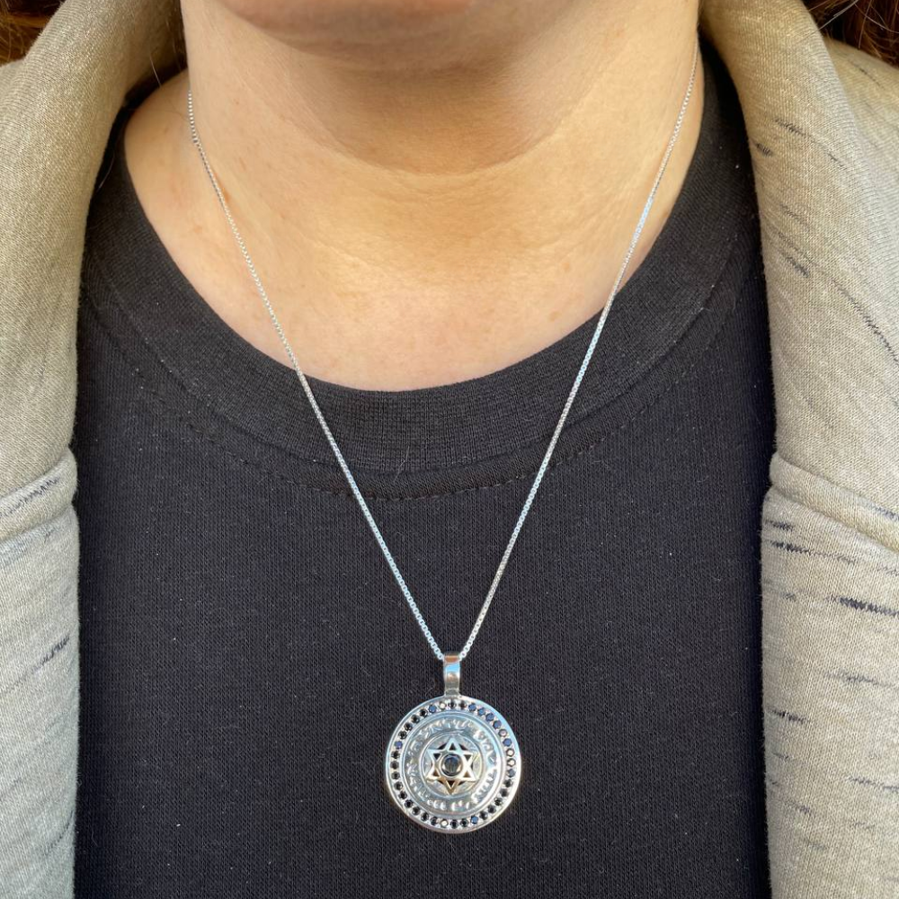 Star of David and Shema Israel Silver and Gold Onyx Necklace