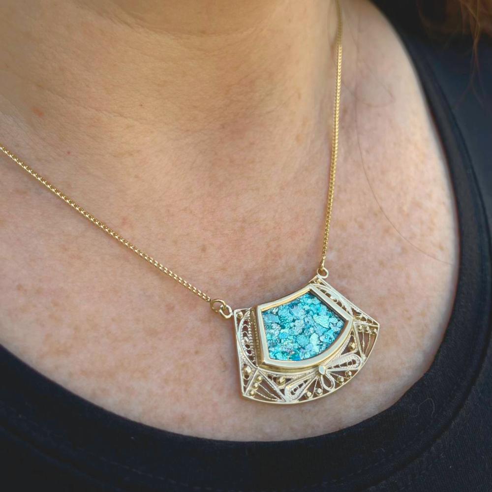 14k Roman Glass Trapezoid Gold Filigree Necklace