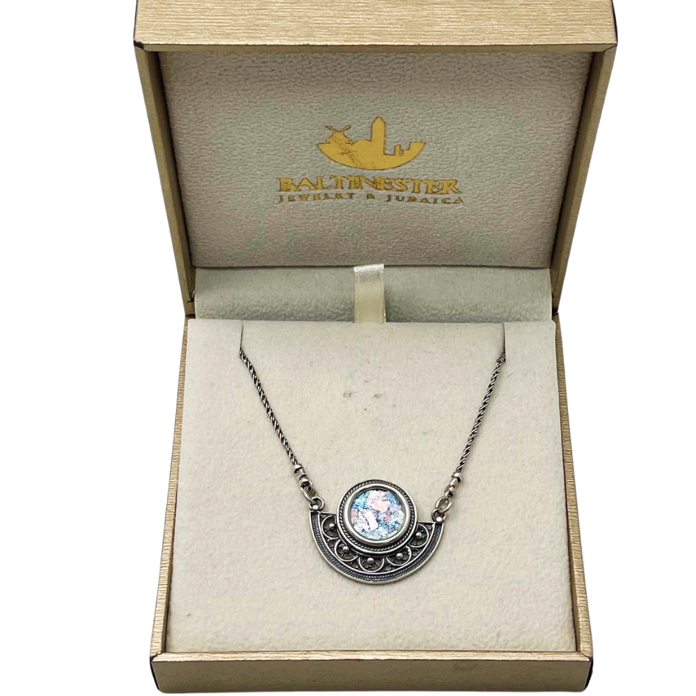 Sterling Silver Semi Circle Filigree Roman Glass Necklace