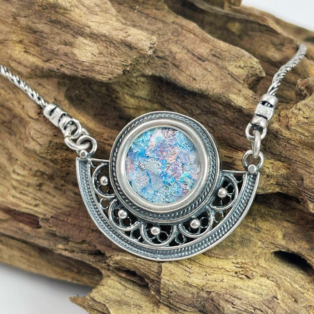 Sterling Silver Semi Circle Filigree Roman Glass Necklace