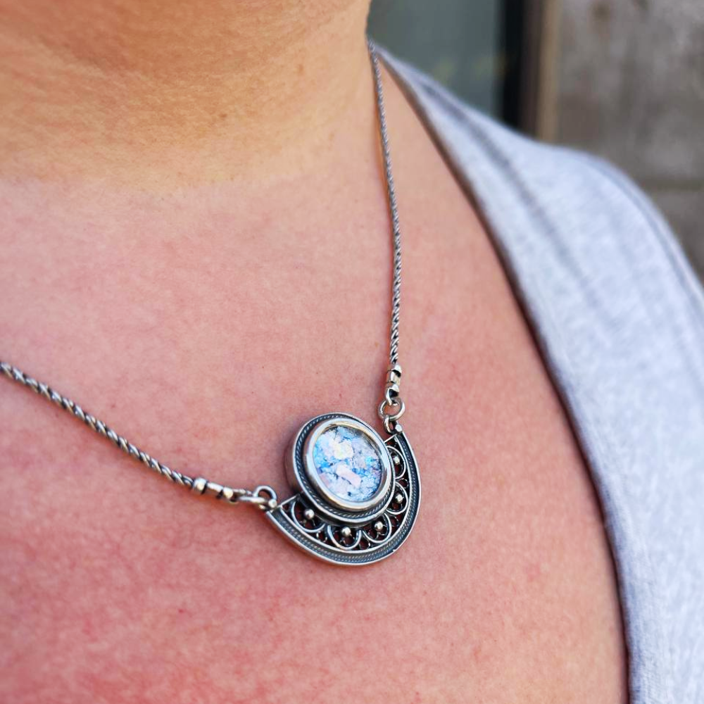 Sterling Silver Semi Circle Filigree Roman Glass Necklace