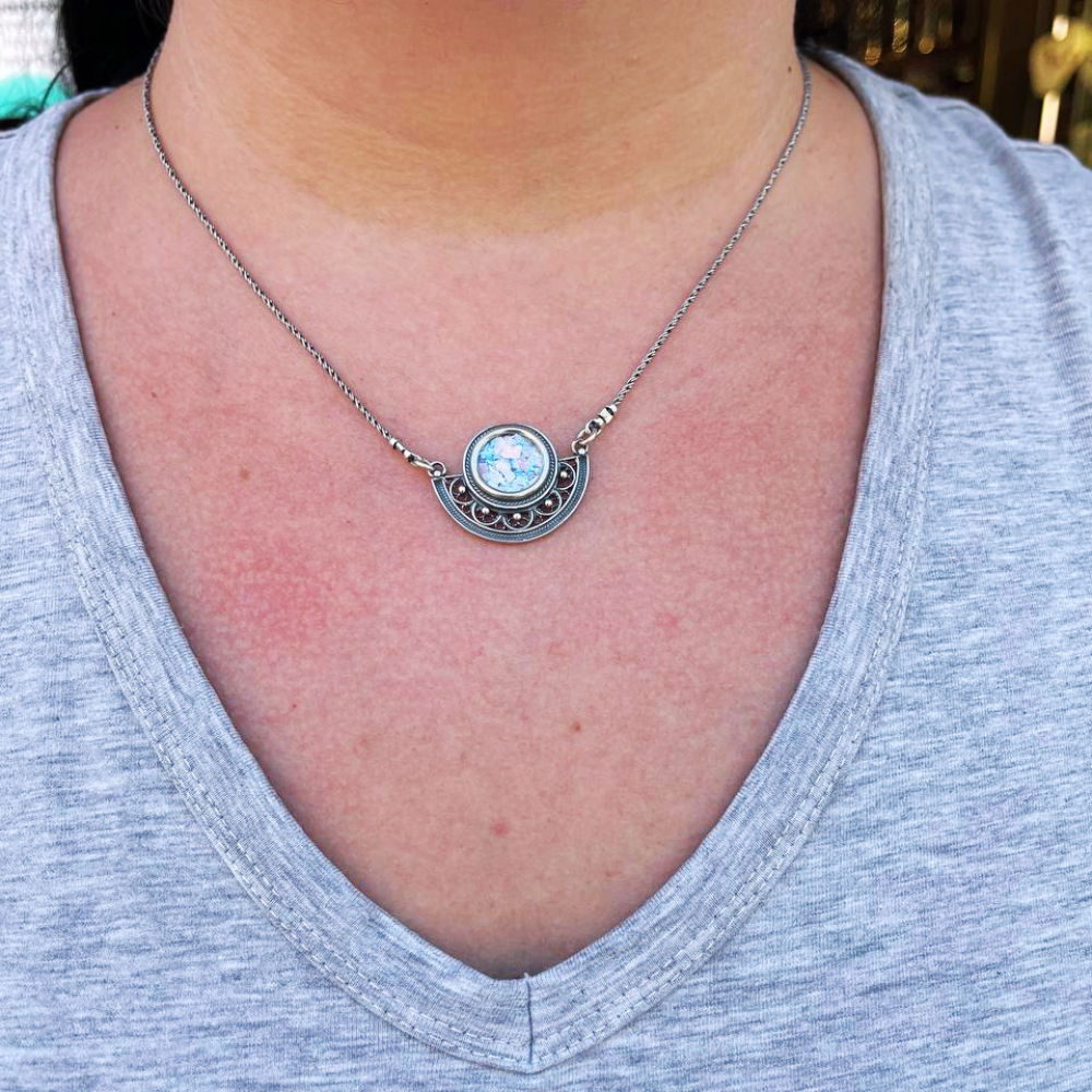 Sterling Silver Semi Circle Filigree Roman Glass Necklace