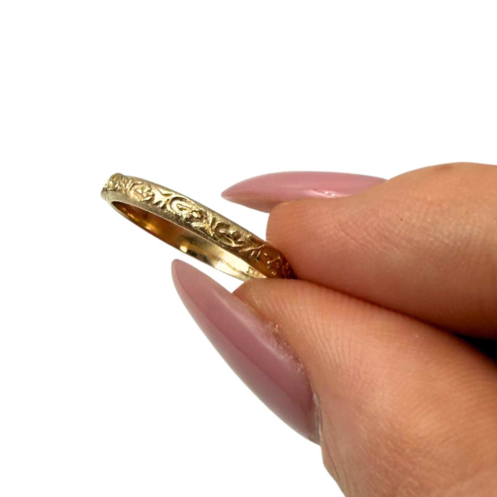 14K Solid Gold Floral Engraved Ring Vintage-Inspired Stackable