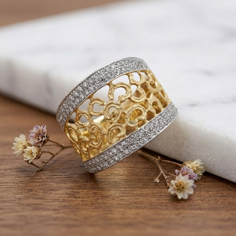 14K Gold Two-Tone Filigree Wide Band Diamond Ring