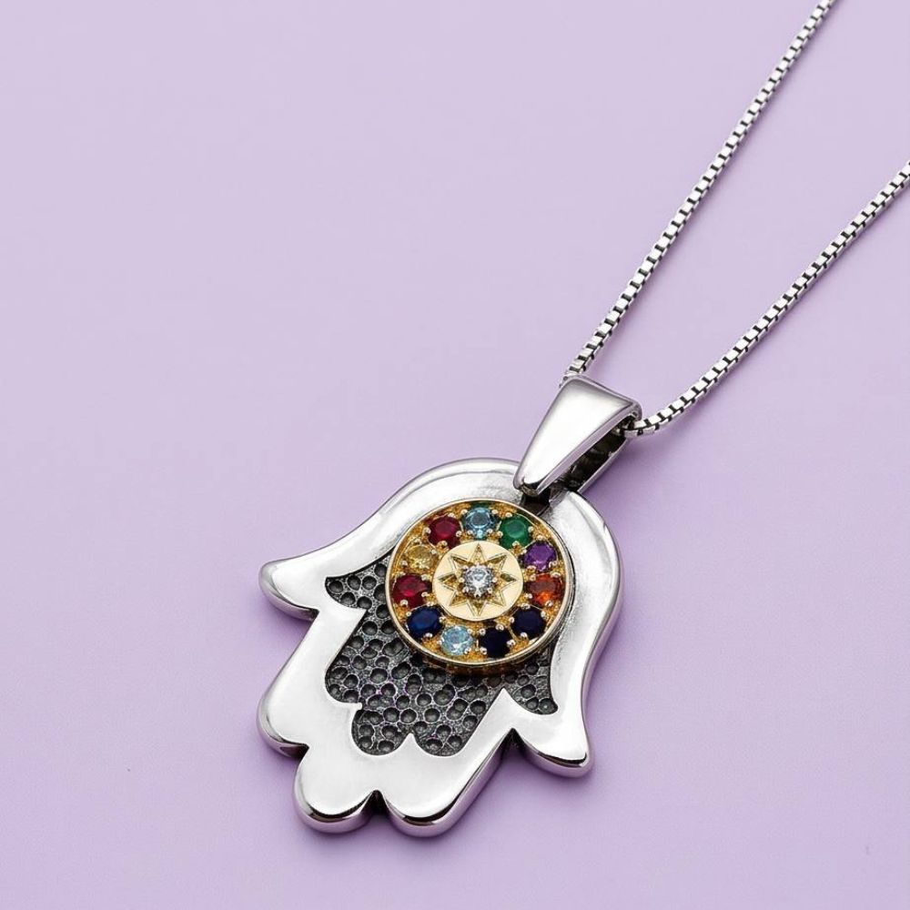 Sterling Silver & 9K Gold Hamsa Necklace with Round Hoshen Gemstones
