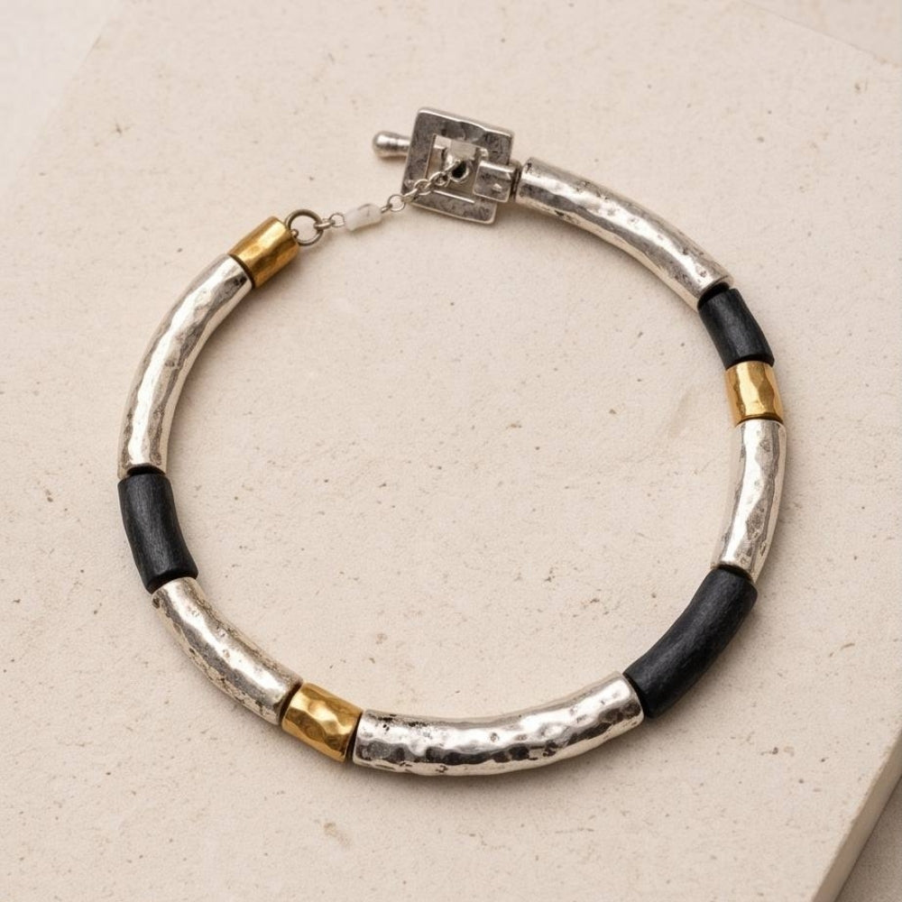 Lightweight Israeli Silver Bracelet – Oxidized Silver & Gold Plated Hammered Jewelry