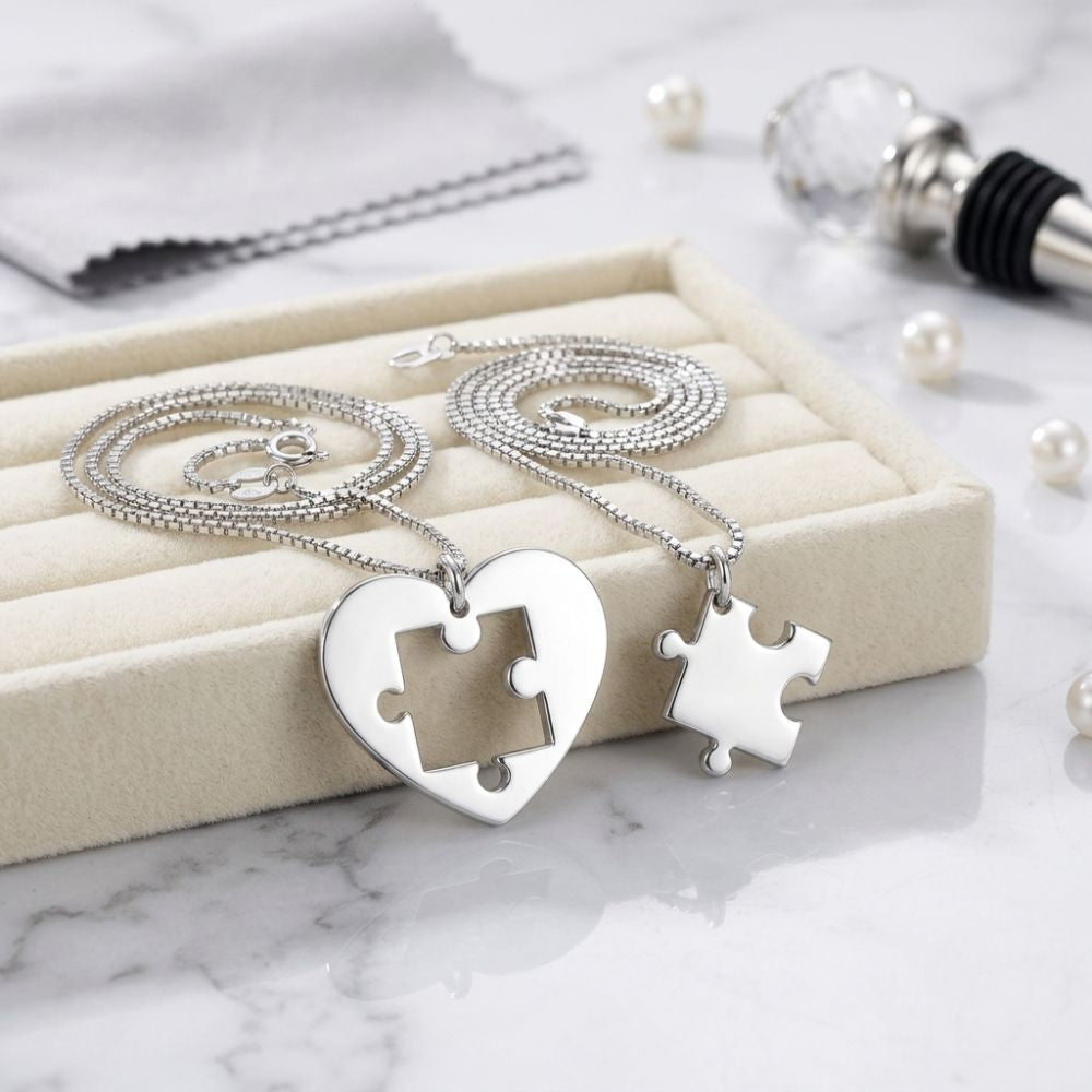 925 Sterling Silver Heart Puzzle Necklace Set – Matching Couple Pendant