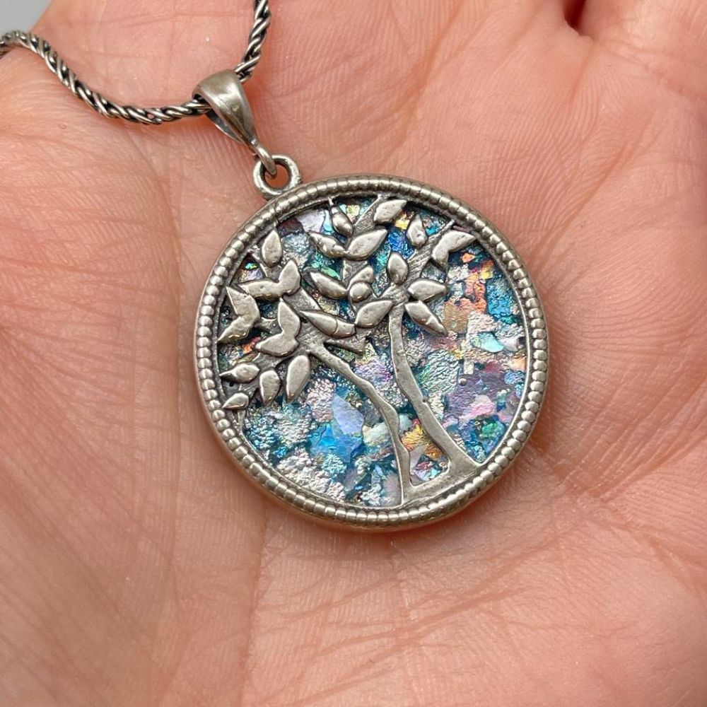 Tree of Life Necklace with Roman Glass in Sterling Silver
