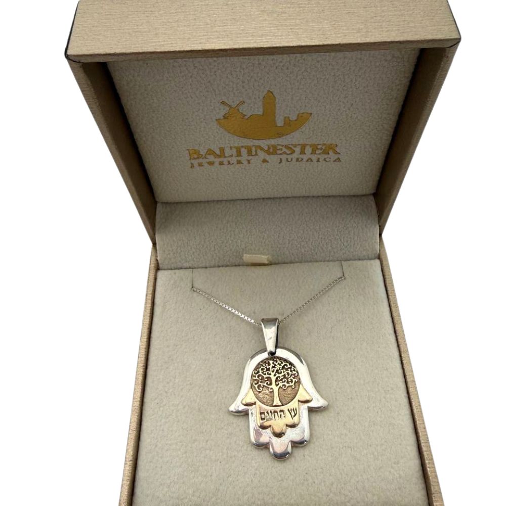 Sterling Silver & 9K Gold Hamsa Tree of Life Pendant Necklace