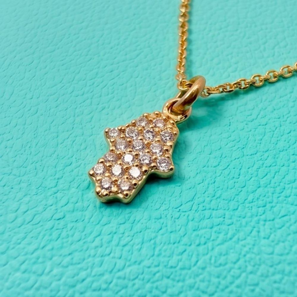 14K Yellow Gold Diamond Hamsa Hand Pendant Necklace