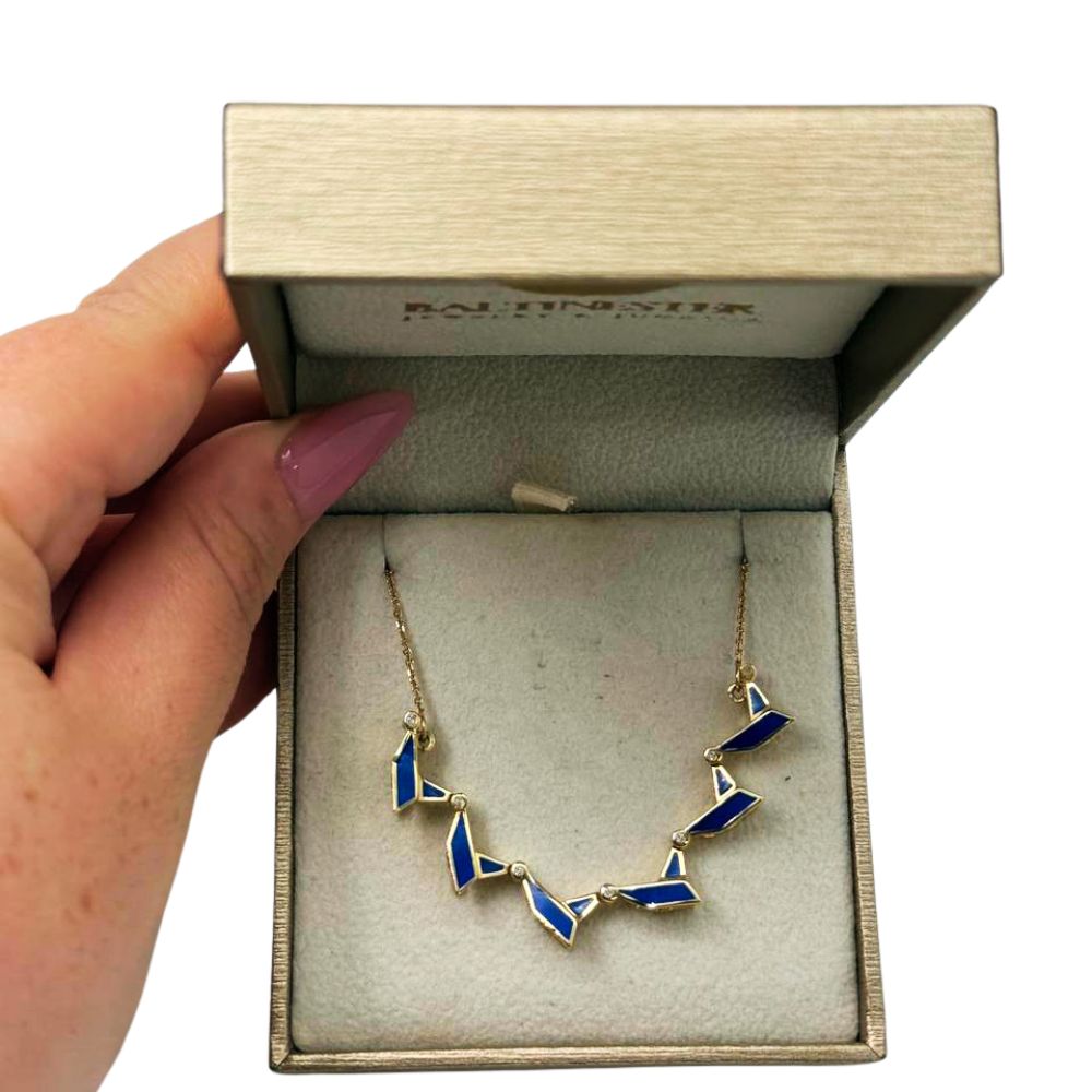 14K Gold Expandable Star of David Butterfly Necklace with Blue Enamel & Diamond