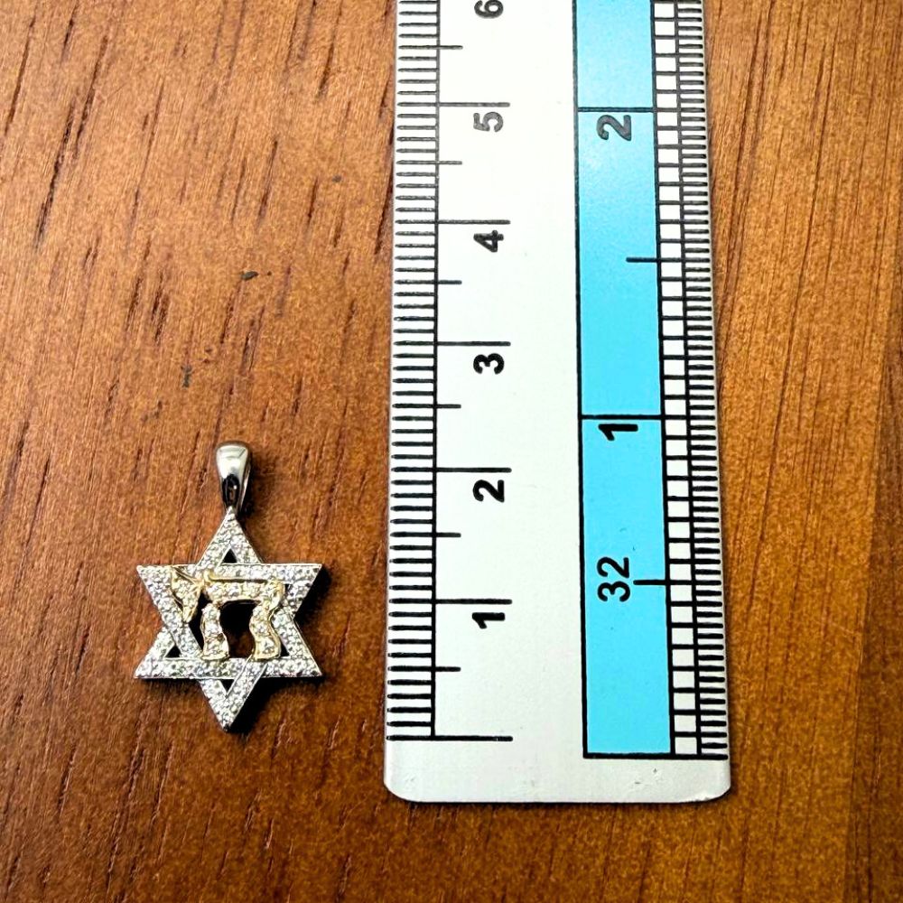 14K Two-Tone Gold Star of David & Chai Diamond Pendant