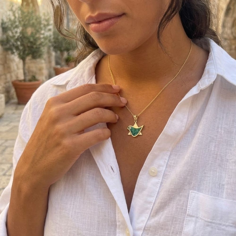 14K Gold Dove & Star of David Pendant with Natural Diamond & Eilat Stone