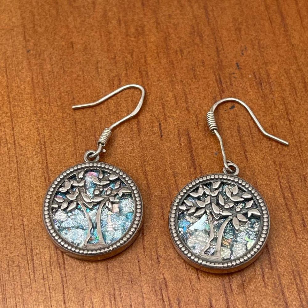 Tree of Life Earrings with Roman Glass in Sterling Silver