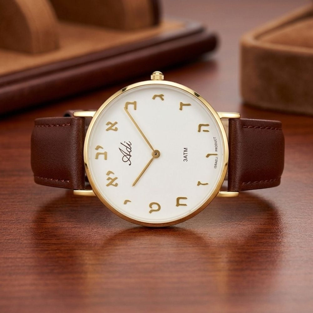 Women's Hebrew Letter Watch 35mm Gold Tone Case Brown Leather Strap