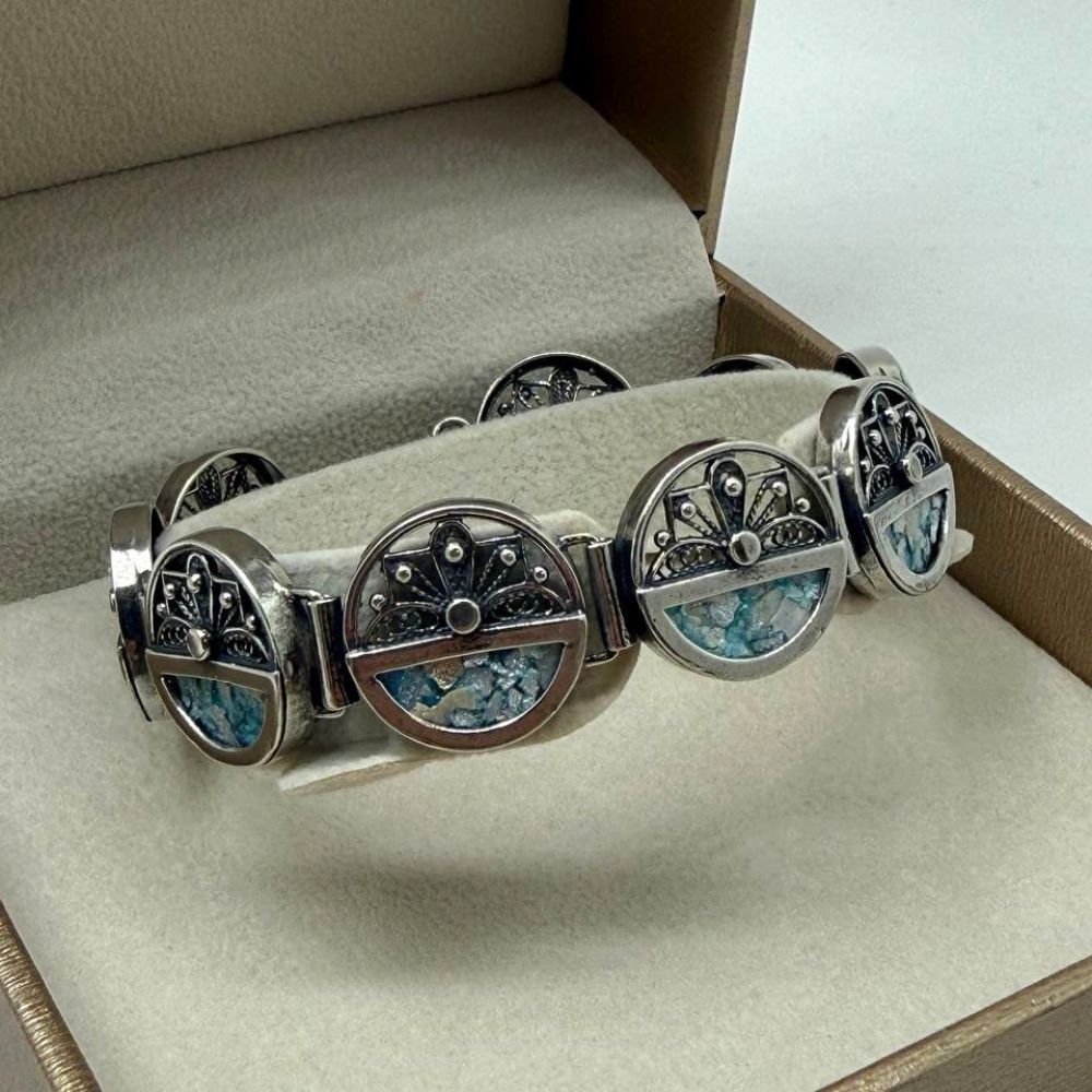 Sterling Silver Roman Glass Link Bracelet