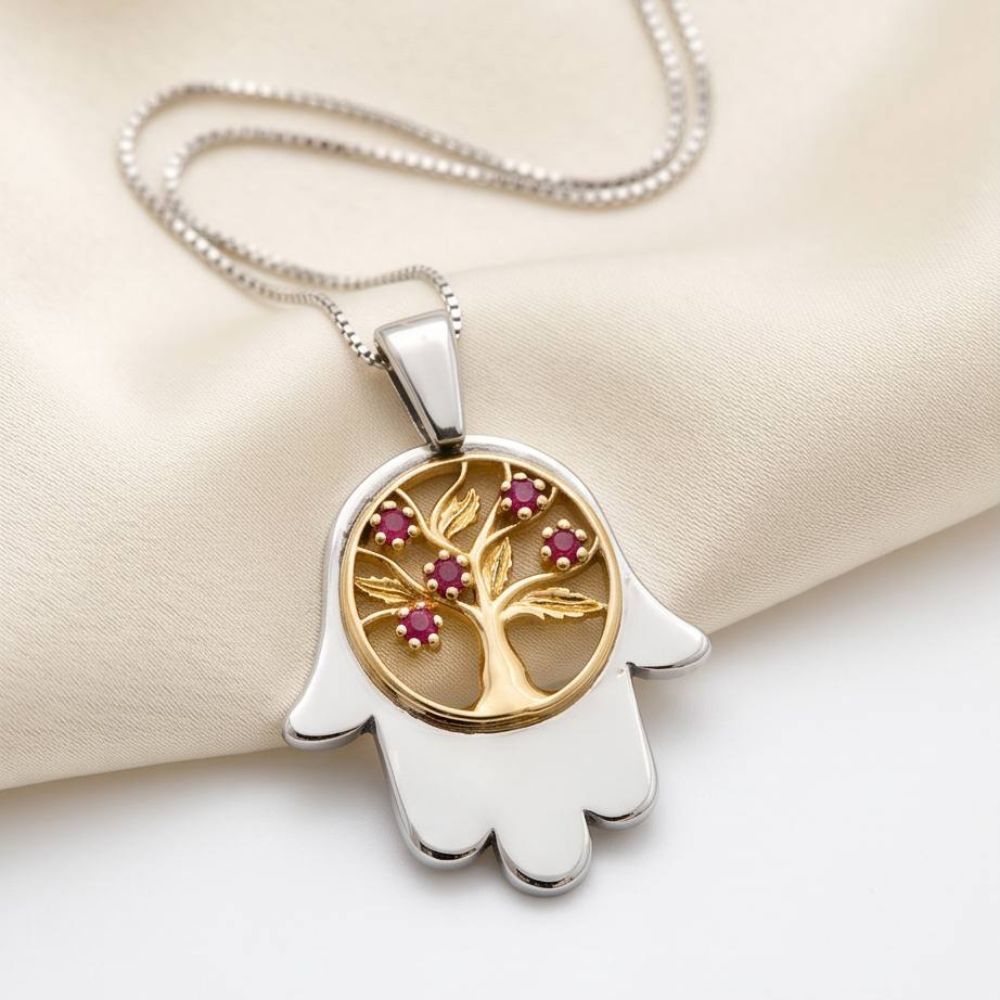 Sterling Silver & Gold Hamsa Tree of Life Pendant Necklace with Genuine Rubies