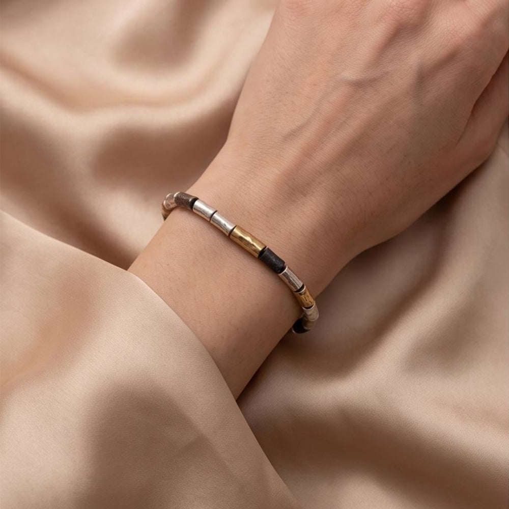 Handcrafted Mixed-Metal Israeli Beaded Bracelet – Sterling Silver, Oxidized Silver & Gold Plated Accent