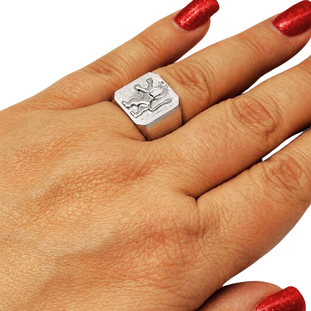 14K White Gold Lion of Judah Signet Ring Jewish Symbol Men's Statement Ring