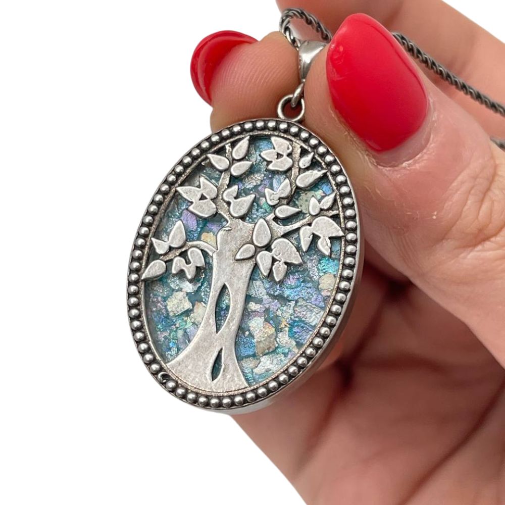 Tree of Life Necklace with Roman Glass in Sterling Silver Oval