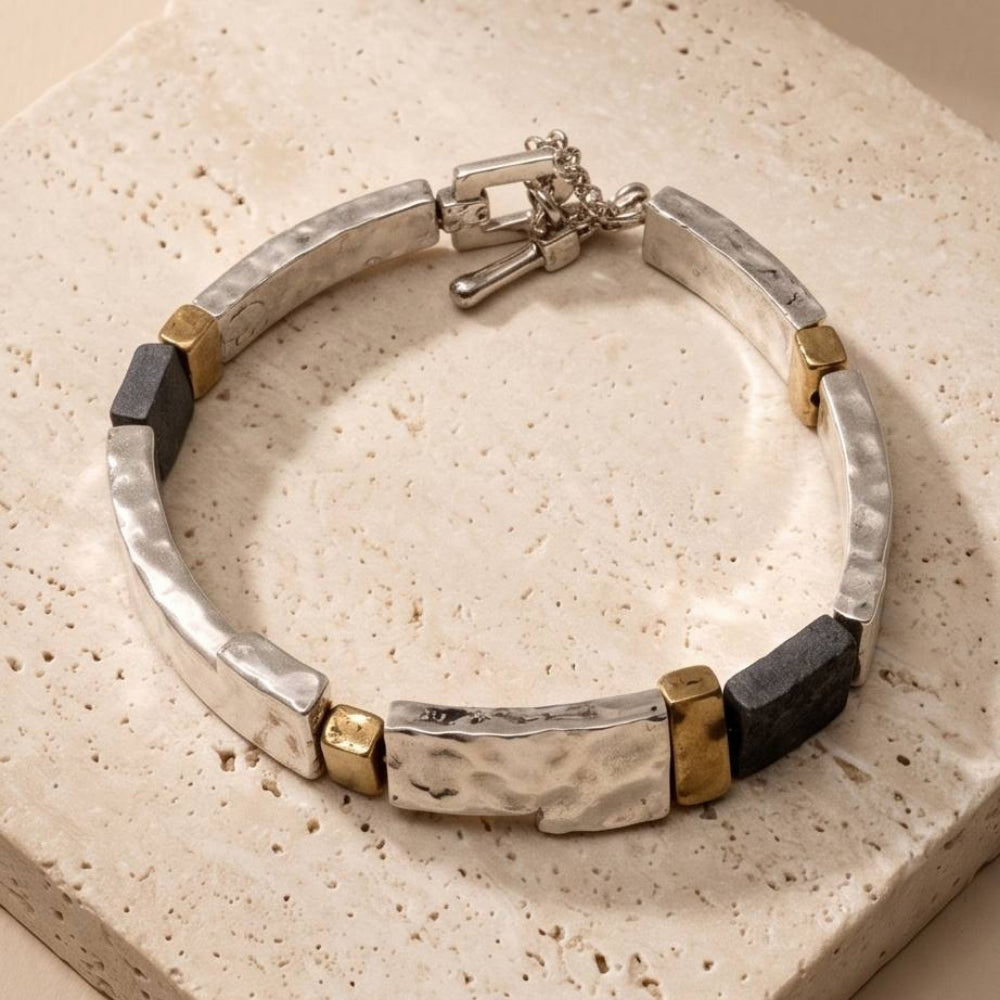 Israeli Silver Bracelet – Oxidized Silver & Gold Plated Lightweight Jewelry