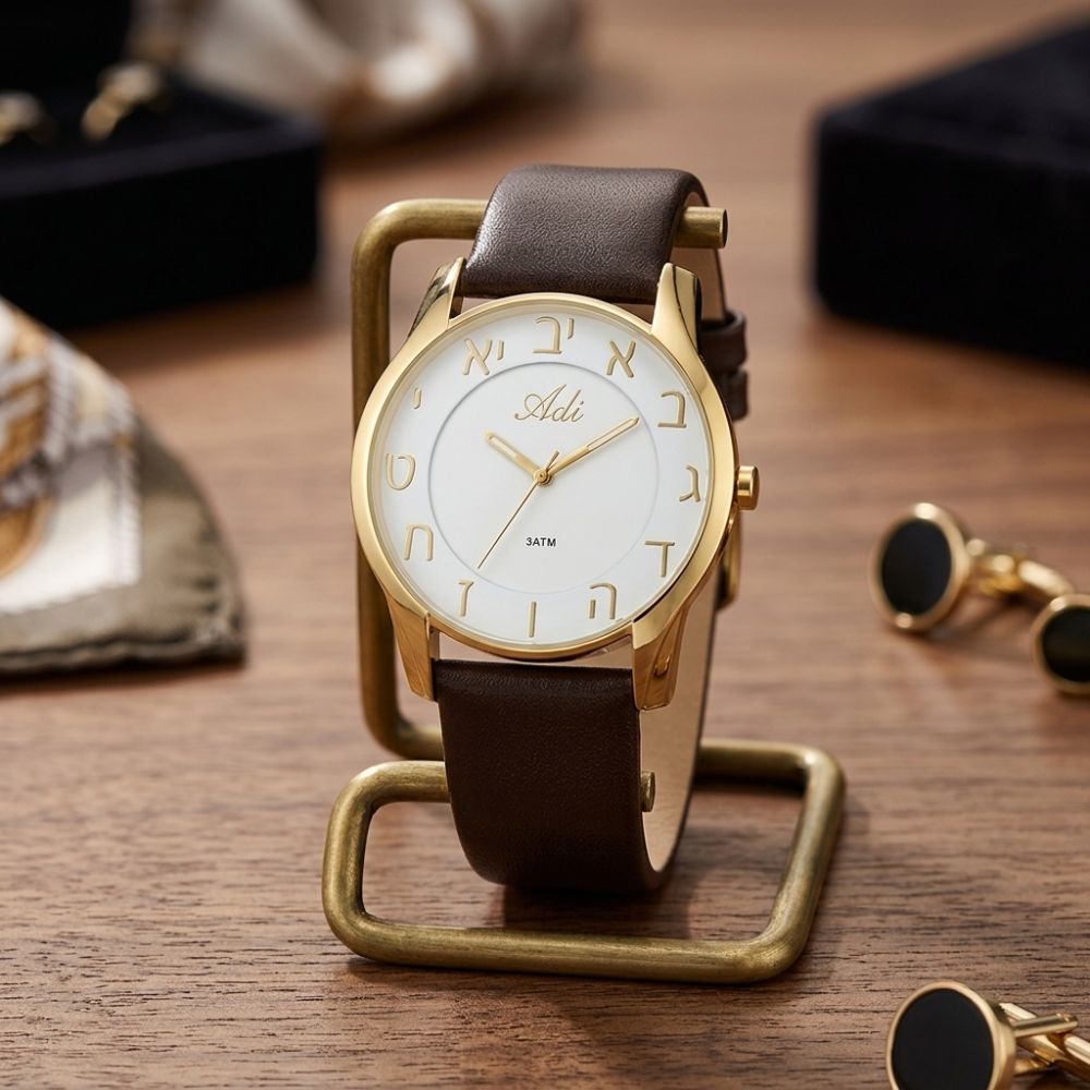 Men's Hebrew Letter Gold Tone Watch 42mm Brown Leather Strap
