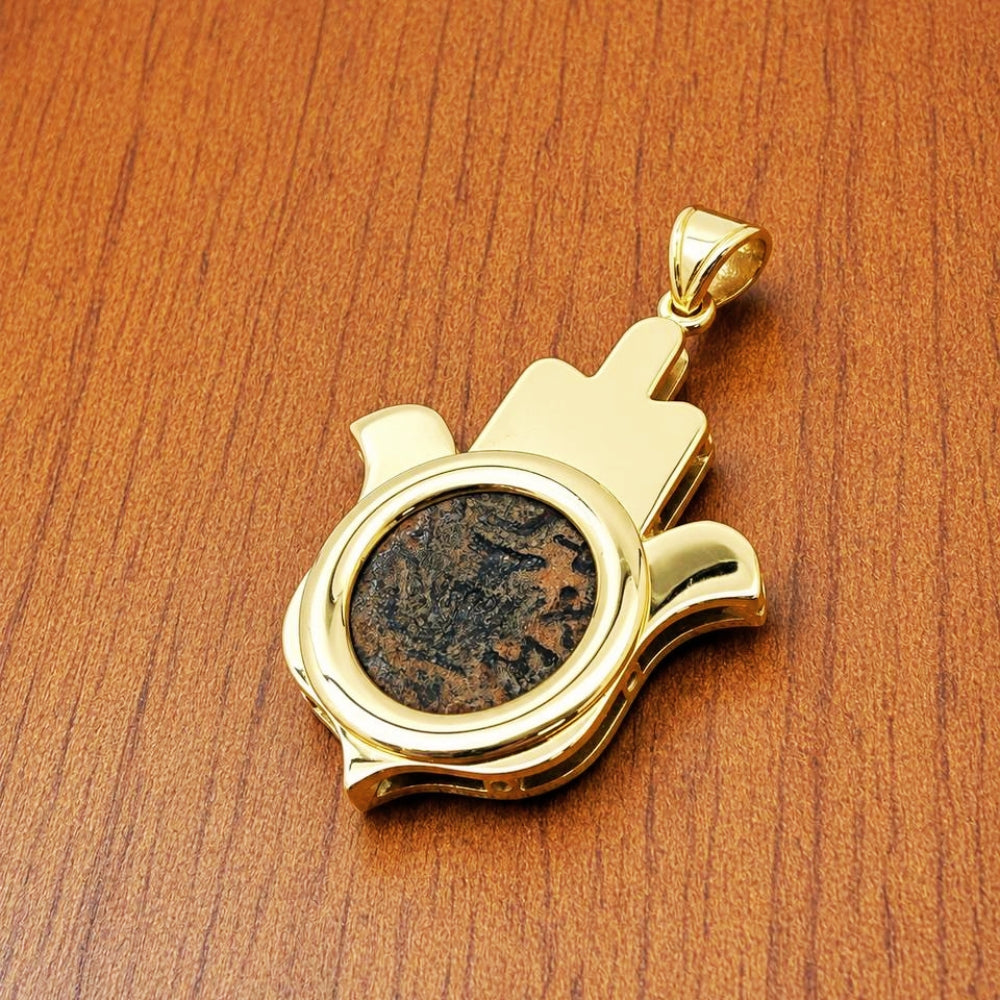 14k Gold Hamsa Pendant with Masada Coin