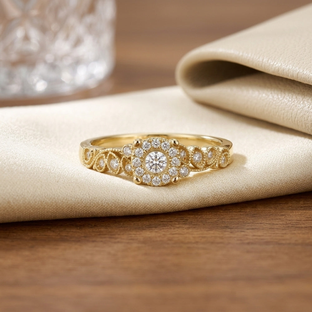 Vintage Inspired Diamond Halo Engagement Ring in 14k Gold