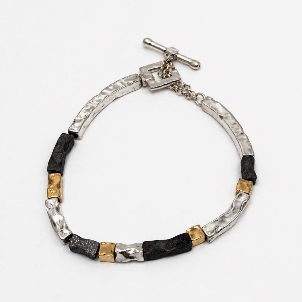 Handcrafted Israeli Mixed-Metal Bar Bracelet – Silver, Oxidized Silver & Gold Plated