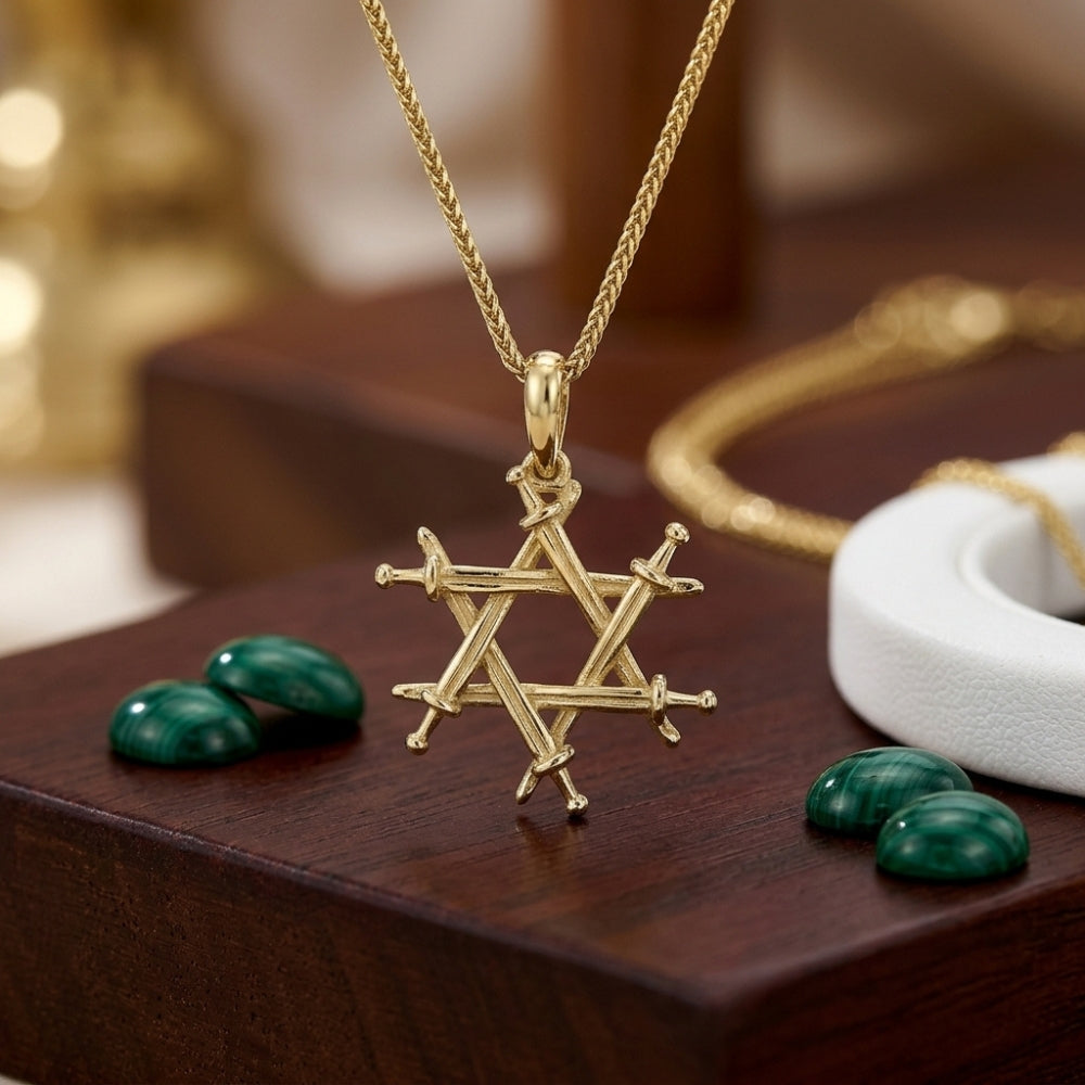14K Solid Gold Iron Swords Star of David Pendant – Magen David Haravot Barzel Jewish Necklace