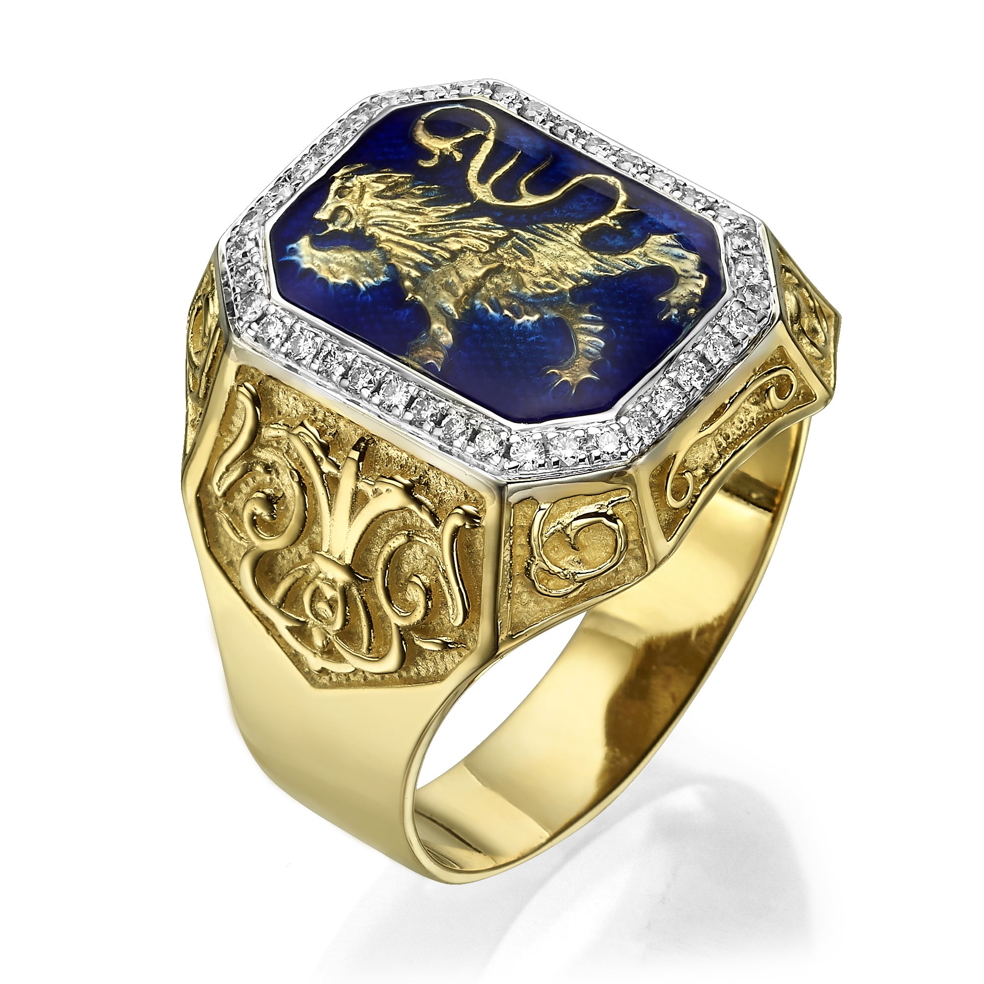 Lion of Judah RING - 14K Gold & Blue Enamel Men's Diamond Signet Ring