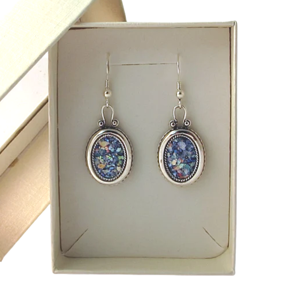 Silver Roman Glass Oval Earrings